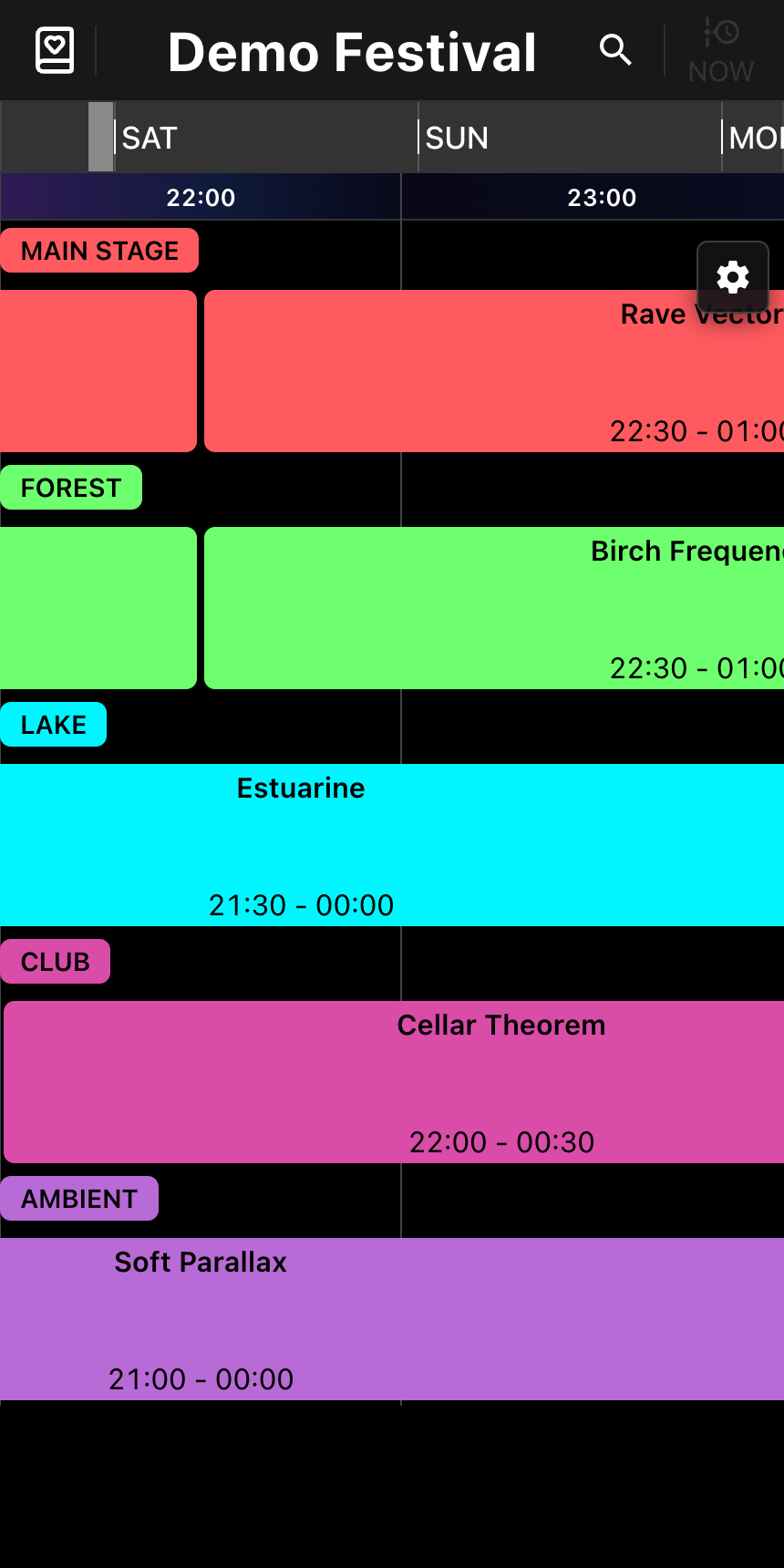 The timetable app on a Saturday night: five stage rows with colored set blocks, several running past midnight, a day minimap on top and a sky-tinted time ruler.